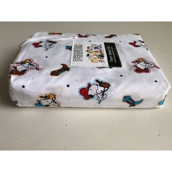 3 Pc PEANUTS Snoopy Cowboy TWIN Sheet Set By Berkshire Super Soft White NEW - Picture 12 of 13